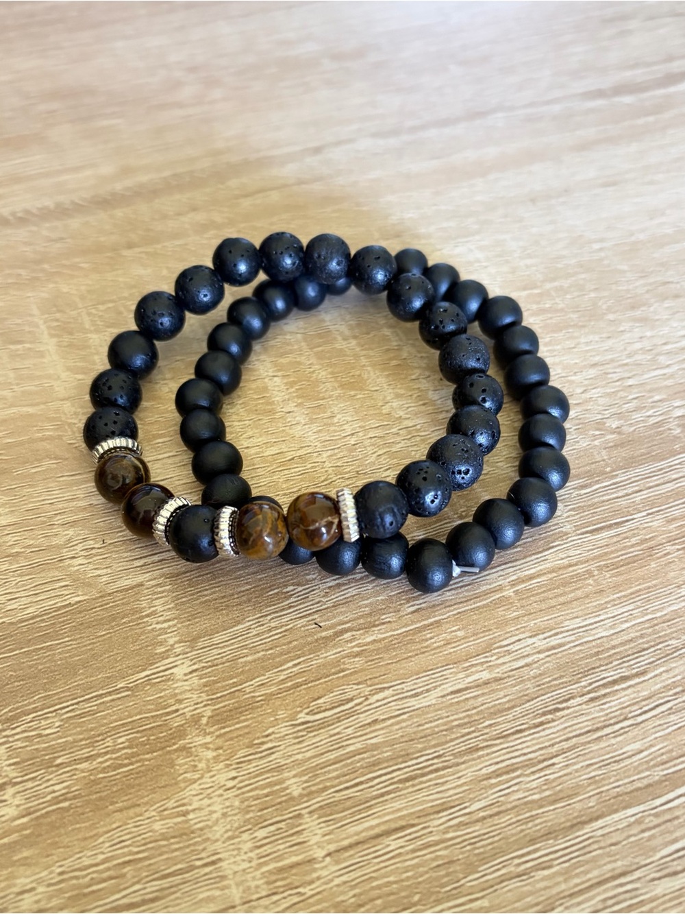 Black Matte Lava & Brown Tiger Eye Beaded Stretch Bracelet Set